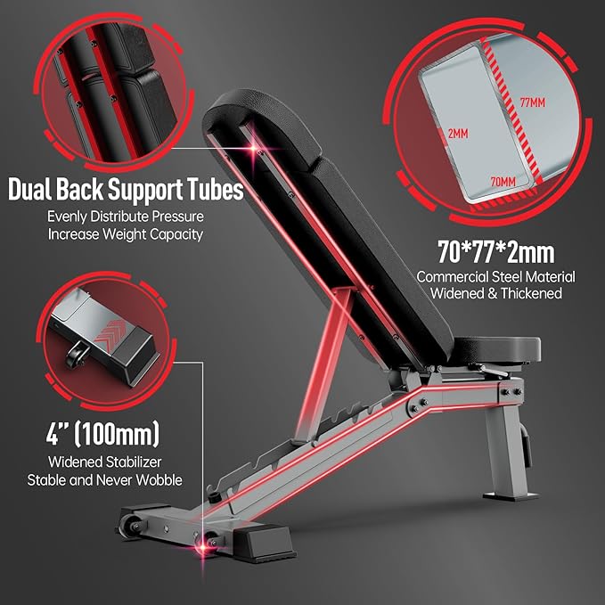 JOROTO MD80 Adjustable Weight Bench, 1000LB Heavy Duty Workout Bench Press for Home Gym, Commercial Grade Flat Incline Decline Strength Training Utility Bench with Wheels and Extended Backrest