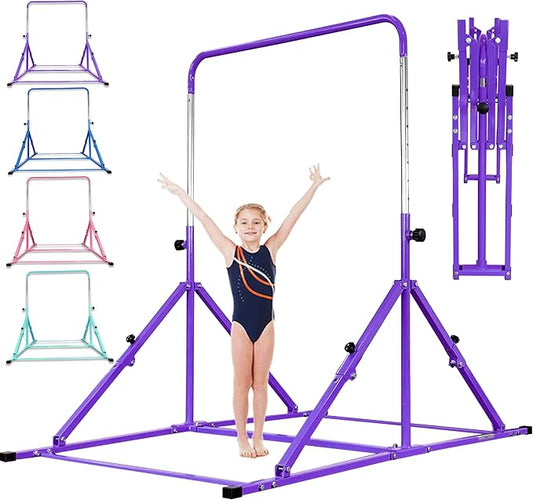 MARFULA Foldable Gymnastic Bar for Kids Ages 3-12, 9 Height Levels, 200 lbs Weight Capacity, 5 Ft Length Gymnastic Kip Bar with Mat, Gymnastic Equipment for Home and Gym Center Indoor Outdoor Use