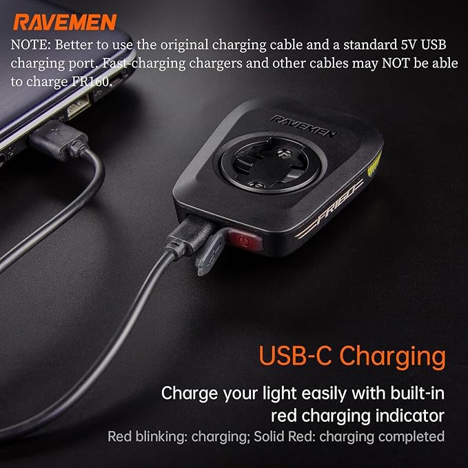 RAVEMEN FR160 Compatible with Garmin Bike Computer, Bike Light for Being Seen, Compact Flashing Light for Bike Safety with 6 Modes, Side Visibility (Patent Protected)