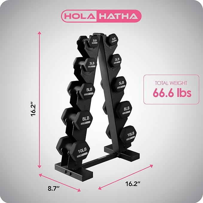 HolaHatha 2, 3, 5, 8, and 10 Pound Neoprene Dumbbell Free Hand Weight Set with Rack, Ideal for Home Exercises to Gain Tone and Definition, Pastel
