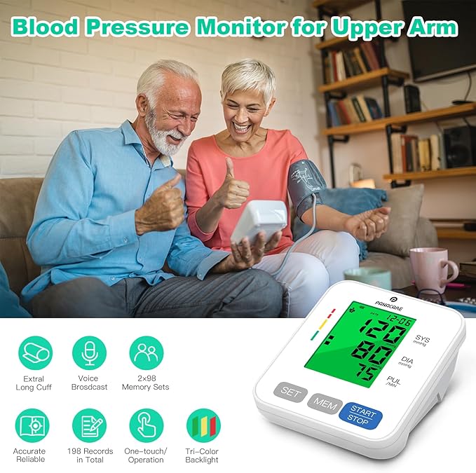 Blood Pressure Monitor Upper Arm Blood Pressure Machine for Home Use BP Cuff Kit, Large 3-Color 3.4'' Display with Backlight,Pulse Rate Detection Meter with Cuff 22-42cm/2×99 Sets Memory (White)