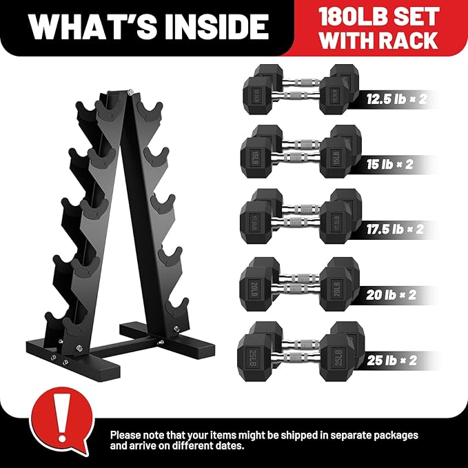 PAPABABE Dumbbell Set with Rack, Rubber Encased Hex Dumbbell Free Weights Dumbbells Set with Storage Rack, Home Weight Set