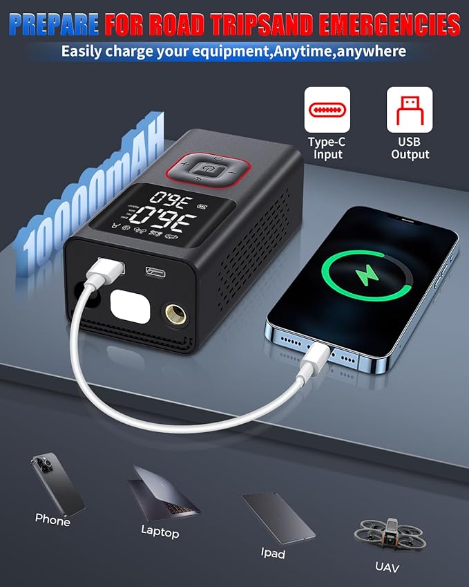 Tire Inflator Portable Air Compressor Cordless Tire Air Pump for Car 150PSI Mini Smart Inflator Fast Inflation and Auto Shutoff with Digital Pressure Gauge LED Light USB Port for Bike Motorcycle Ball