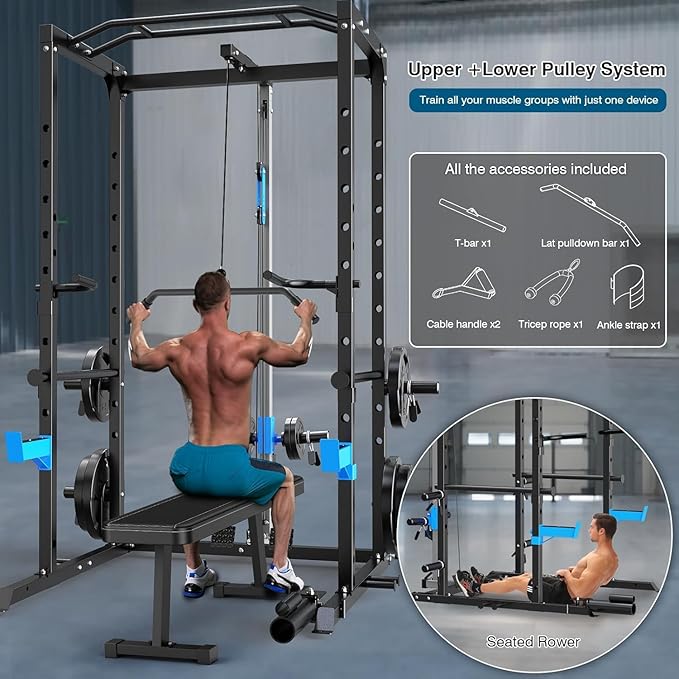 Power Cage, Multi-Functional Power Rack with J-Hooks, Dip Handles, Landmine Attachment and Optional Cable Pulley System for Home Gym