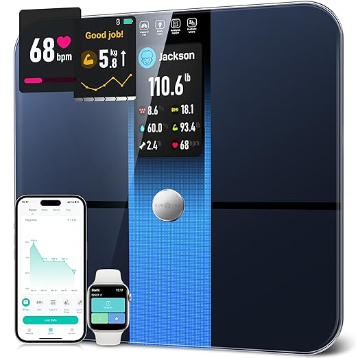RunStar Smart Scale for Body Weight and Fat Percentage FSA&HSA Eligible, 3.5" TFT Color Display High Precision Digital Bathroom Scale BMI Heart Rate 22 Body Composition Analyzer Sync with Fitness App