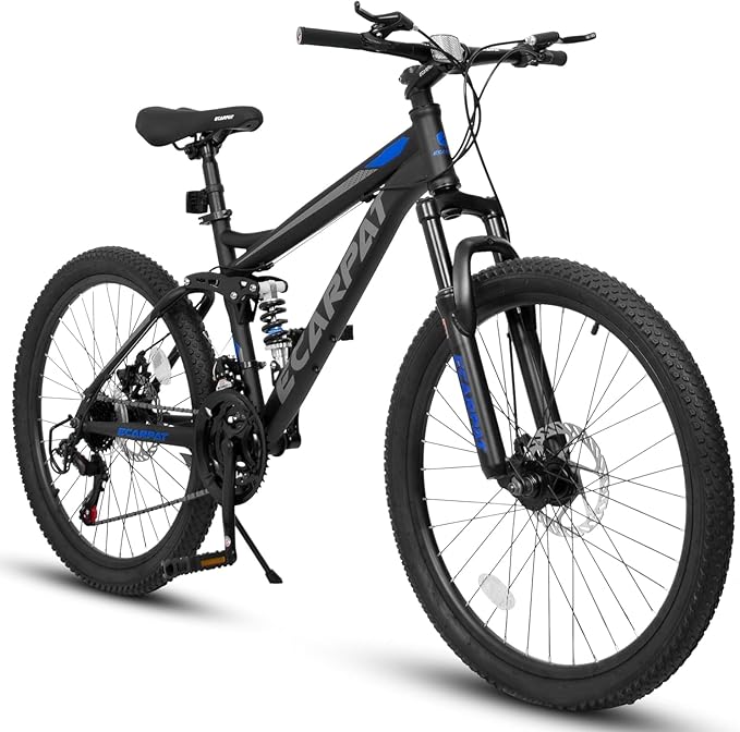24/26/27.5 Inch Mountain Bike, Dual Full Suspension 21 Speed Womens Mens Mountain Bikes, Commuter Bike with Carbon Steel Frame and Dual Disc Brakes