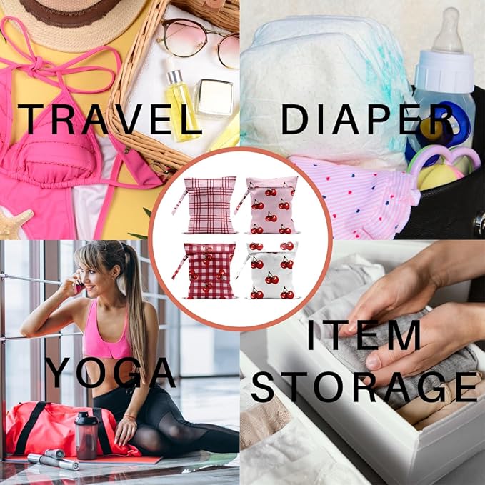4 Pack Cute Cherry Checkered Wet Bag Waterproof Washable Reusable Wet Dry Bag for Swimsuit Pump Parts Dirty Clothes Bathing Cloth Diaper Travel Beach Pool Yoga Gym Toiletries Travel Beach Essentials