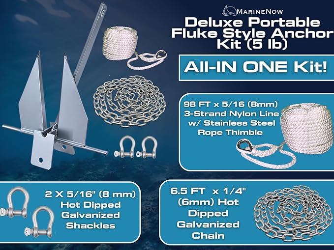MarineNow Fluke Anchor Kit – Hot-Dip Galvanized Anchor with Chain, 98 ft Marine Rope & Shackles | Choose 5 lb (10–18 ft Boats), 8.5 lb (15–24 ft), or 13 lb (20–32 ft)
