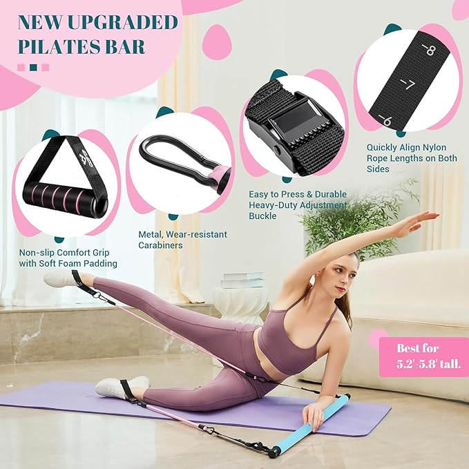 Pilates Bar Kit with Resistance Bands, Multifunctional Yoga Pilates Bar with Heavy-Duty Metal Adjustment Buckle, Portable Home Gym Pilates Resistance Bar Kit for Women Full Body Workouts