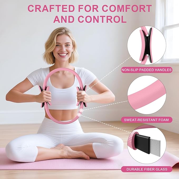 Home Pilates Essentials Kit for Women, Pilates Equipment Ring and Ball Set, Pink Workout Set Including Magic Circle, 5 Loop Bands ,Massage Ball, Premium Kits for Starter Toning Workouts at Home