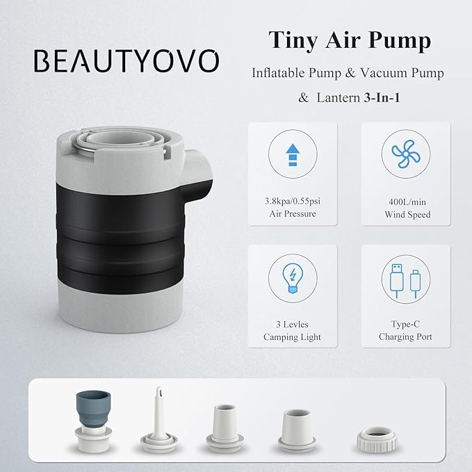 BEAUTYOVO Air Pump for Inflatables, Electric Air Pump with Rechargeable Battery, Tiny and Portable Air Mattress Pump with Camping Light, Quick Inflate Deflate Pump for Pool Floats