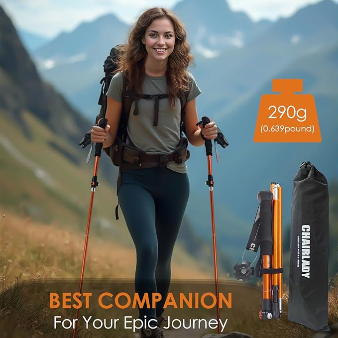 Collapsible Trekking Pole,7075 Aluminum Adjustable 43.3"-51.2" Hiking Pole, Quick-Lock Design,Walking Sticks for Hiking/Camping/Travel (Matte Orange)