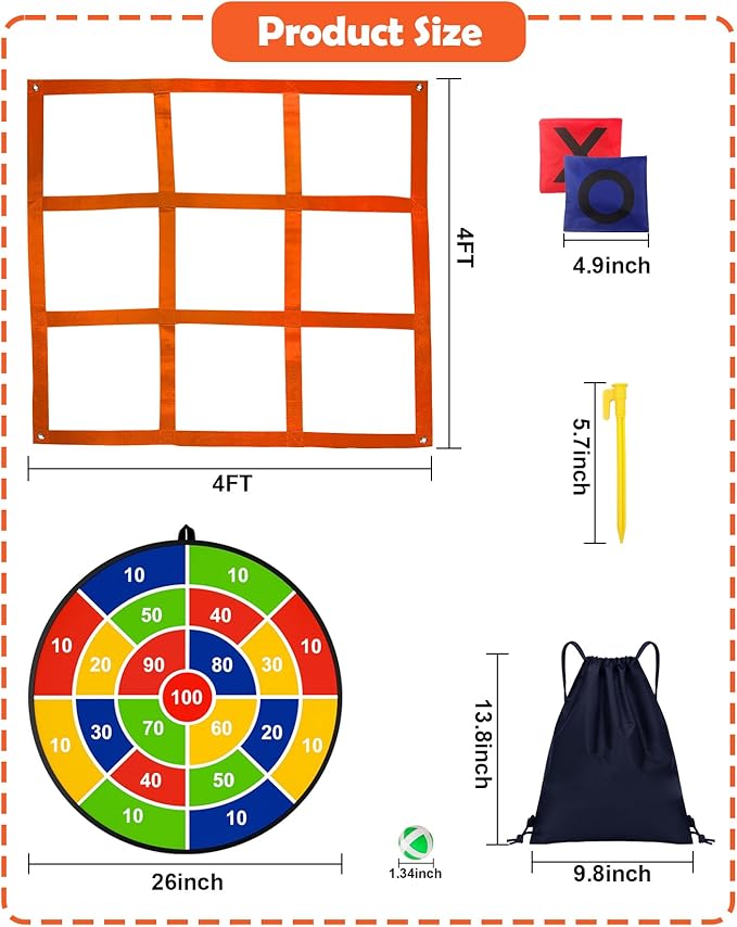 2-in-1 Outdoor Giant Tic Tac Toe Bean Bag Toss Games with Dart Board, 26" Dart Board with Sticky Balls Double-Sided Tic Tac Toe for Kids Adults Large Lawn Carnival Yard Birthday Family Party Games