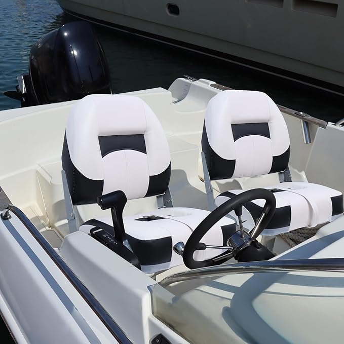 Deluxe A Pair of Marine Low Back Folding Fishing Boat Seat, Stainless Steel Screws Included, White/Black