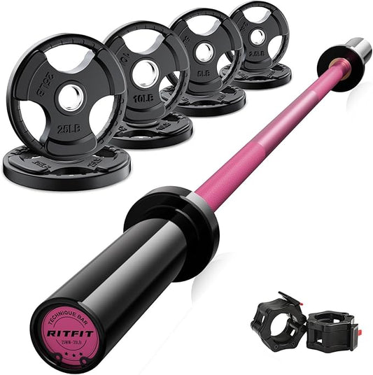 RitFit Barbell Weight Set - 4/6FT Olympic Barbell with Weight Plates (55-275LB Total) - Weightlifting Equipment for Squats, Curls, Deadlifts, Presses, Hip Thrusts