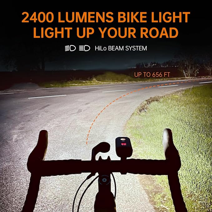 RAVEMEN PR2400 Bike Light for Mountain Biking, 2400 Lumens Bike Headlight with OLED Runtime Display, USB Output, Far Reaching High Beam, Anti-Glare Low Beam, IPX8 Waterproof