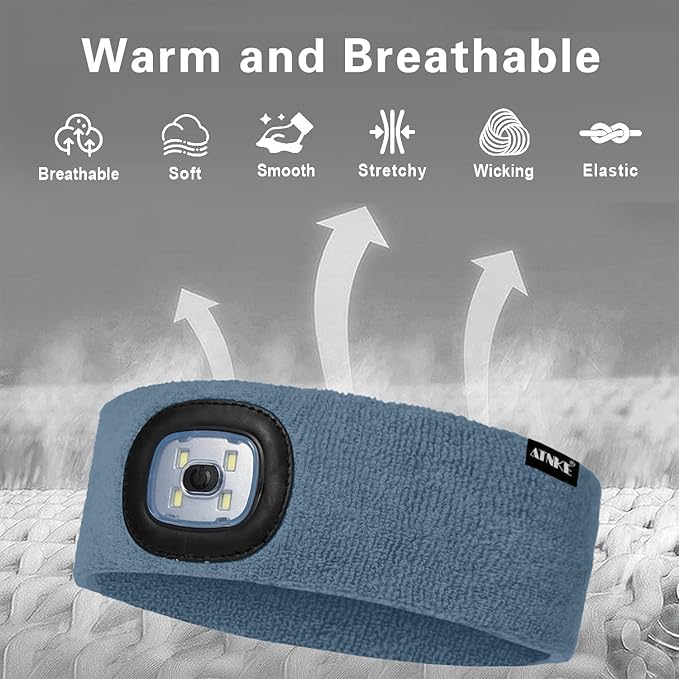 ATNKE 4 LED Lighted Sport Sweatband,USB Rechargeable Running Head Band Lamp High Stretch Wicking Gifts for Men and Women