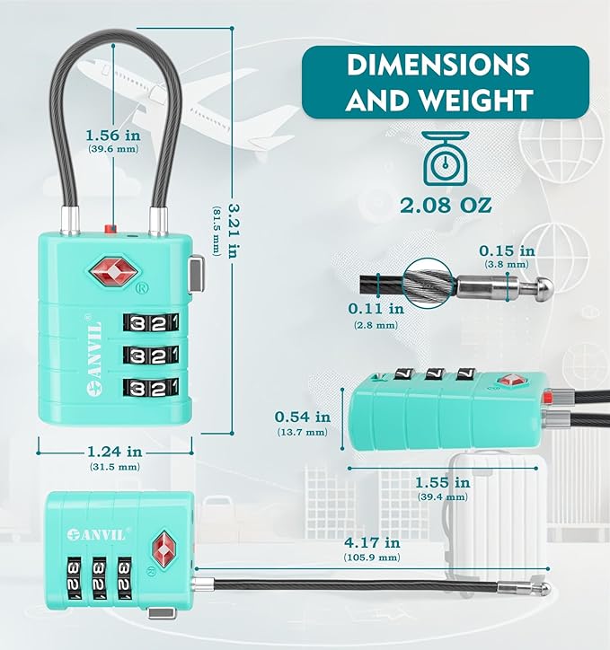 ANVIL TSA Approved Luggage Locks – High Security TSA008 Combination Travel Locks with Inspection Indicator for Suitcases and Backpacks. (3, Cyan)