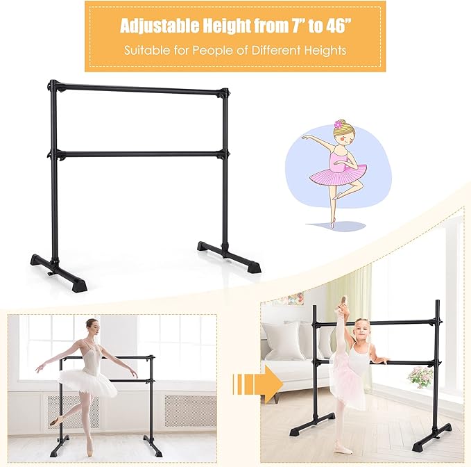 GOFLAME 4FT Ballet Barre Portable, Freestanding Double Ballet Barre Height Adjustable with Anti Slip Base, Heavy Duty Stretch Dance Bar for Home Workout