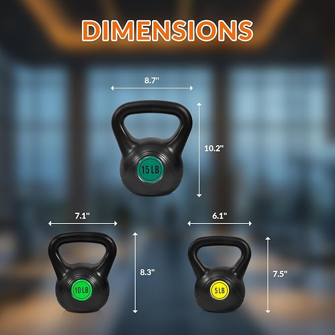 Wide Grip 3-Piece or 4-Piece Kettlebell Exercise Fitness Weight Set, Include 5 lbs, 10 lbs, 15 lbs and 20 lbs, Set of 3 or Set of 4