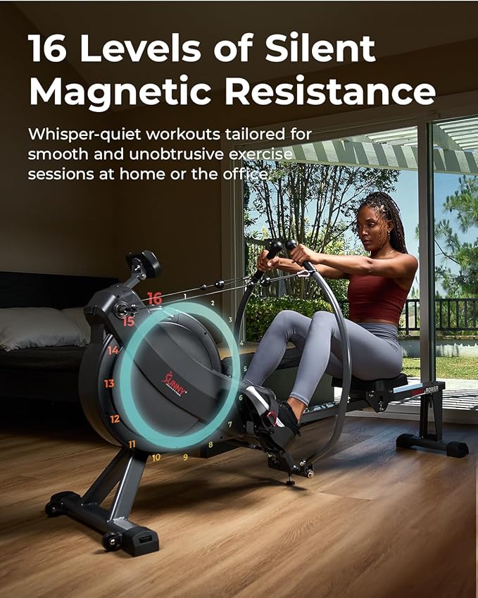 Sunny Health & Fitness Compact Full-Motion Rowing Machine w/Adjustable Resistance, Low-Impact Full-Body Workout Rower w/Long Slide Rail, Space-Saving Design, Optional Free SunnyFit App Connection