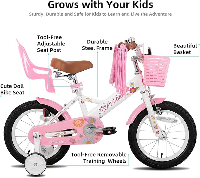JOYSTAR Little Daisy Kids Bike for Girls Boys Ages 2-7 Years, 12 14 16 Inch Girls Bikes with Doll Bike Seat & Streamers, Boys Bike with Flag & Number Plate, Multiple Colors