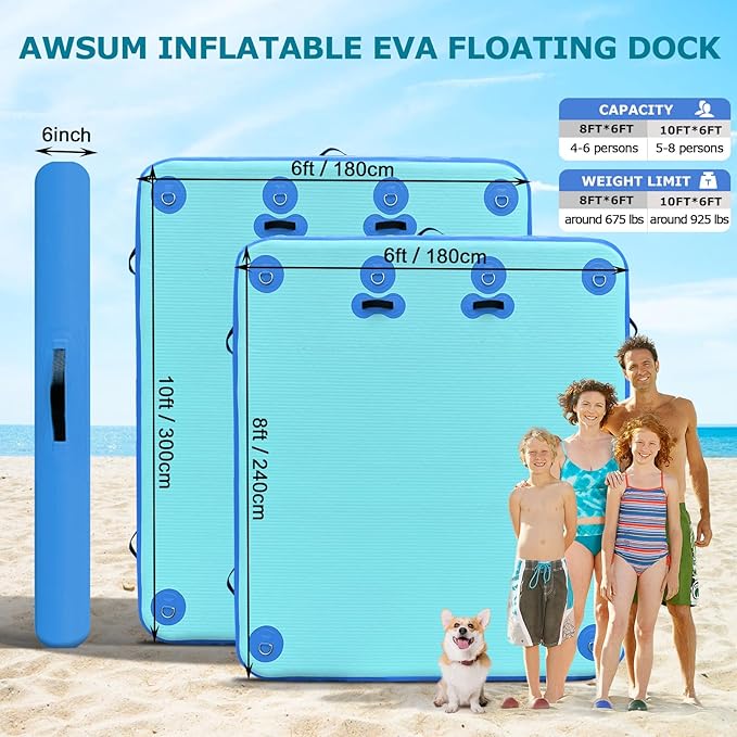 AWSUM Inflatable Floating Dock Air Dock Platform, 6ft/8ft Non-Slip Inflatable Water Mat Floating Island Raft for Lake Pool Beach Ocean