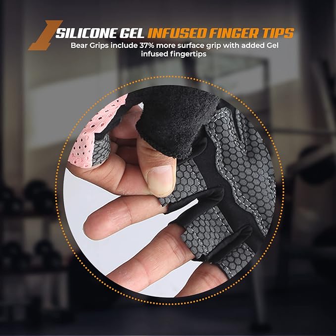 Bear Grips Weight Lifting Gloves for Men & Women | Half Finger Lifting Gloves | Full Finger Workout Gloves for Men | No Finger Exercise Gloves l Compression Weightlifting Gloves | Gym Gloves for Men