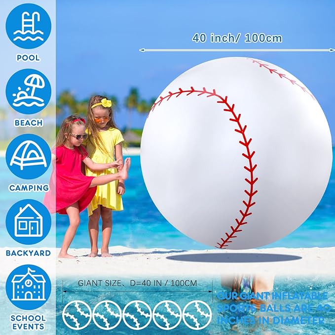 Lewtemi Giant Inflatable Sports Balls Large Inflatable Beach Ball Baseballs Soccer Rainbow Basketball Football for Sport Birthday Party Favor(2 Pcs,Baseball, Volleyball,40 Inch)