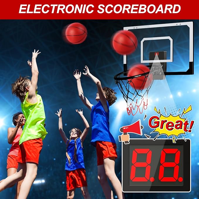 AOKESI Aokesi Basketball Hoop Indoor/Outdoor, Mini Basketball Hoop Set with Electronic Scoreboard Air Pump & 3 Balls Over The Door Basketball Hoop Perfect Sports Basketball Toys for Kids & Adults