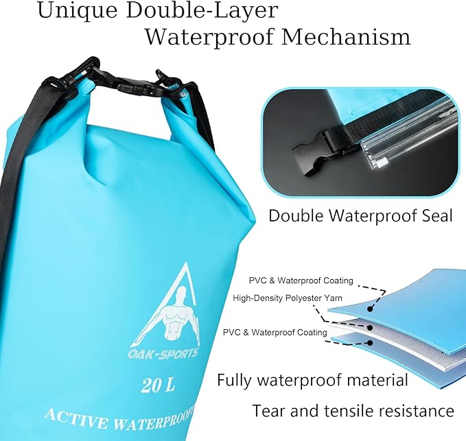 Oak-Sports Dry Bag Waterproof Backpack 5L/10L/20L, Roll Top Lightweight Beach Bag with Double Zipper Seal for Swimming, Kayaking, Hiking, Boating, Adjustable Shoulder Strap