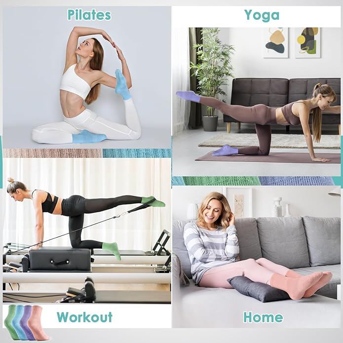 4 Pairs Pilates Socks with Grips for Women, Barre Yoga Grippy Socks, Womens Non Slip Pilates Crew Sticky Socks