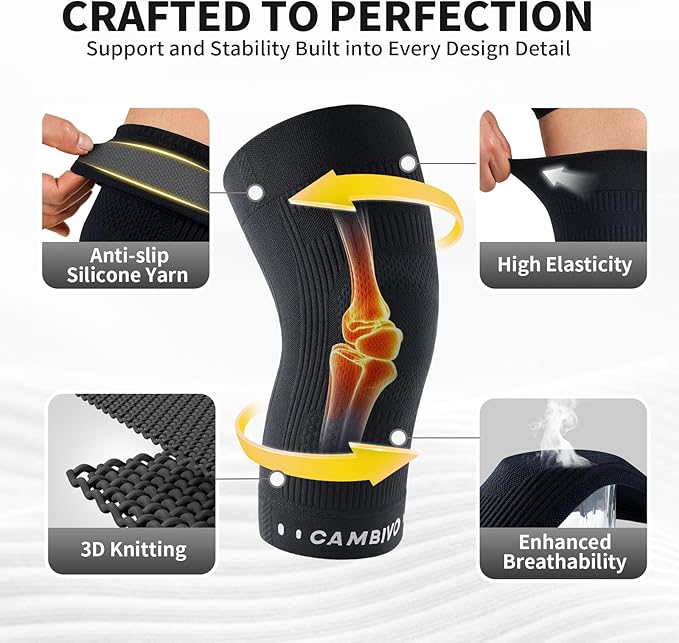CAMBIVO Elite Motion Series Knee Brace for Women and Men (2 Pack), Ultra-Thin Lightweight Knee Compression Sleeve with Reflective Design for Pain Relief, Running, Workouts, Daily Use (Black, Small)