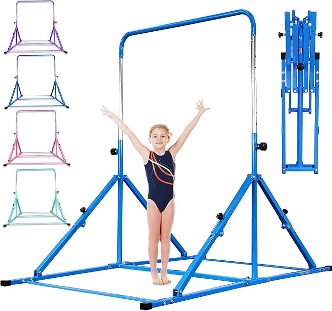 MARFULA Foldable Gymnastic Bar for Kids Ages 3-12, 9 Height Levels, 200 lbs Weight Capacity, 5 Ft Length Gymnastic Kip Bar with Mat, Gymnastic Equipment for Home and Gym Center Indoor Outdoor Use