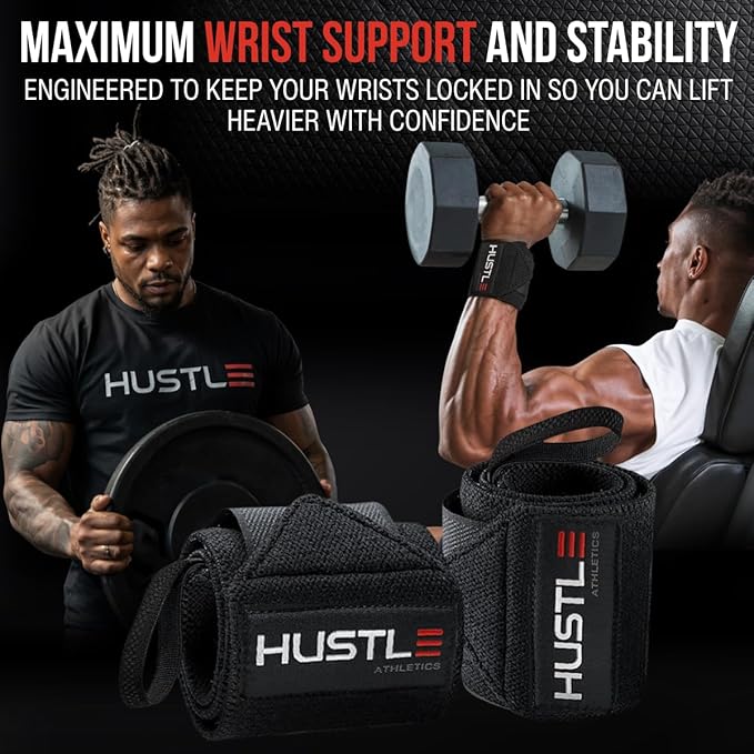 Hustle Athletics Wrist Wraps for Weightlifting, USPA-Approved Wrist Support Weight Lifting Wraps, Premium Hook-and-Loop, 12 in or 18 in Heavy-Duty Cotton-Elastic Support for Powerlifting & Bench Press