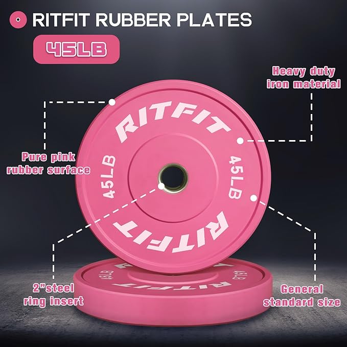 RITFIT Pink Weight Plates, 2 Inch Olympic Barbell Weight Plate, Bumper Plates With Steel Insert, Pink Weights for Gym and Home