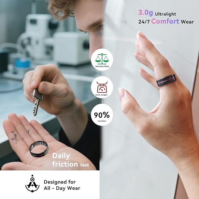 Smart Ring for Women Men,Health Fitness Tracker with Sleep/Blood Pressure/Oxygen Monitoring, Heart Rate & Activity Tracking,IP68 Waterproof, 7-Day Battery,No Subscription Fee 3-Black 7