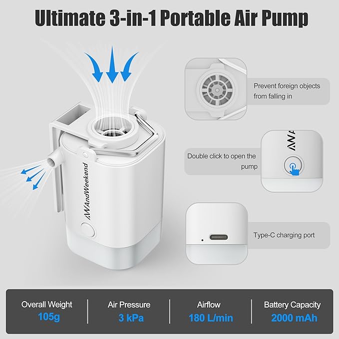 THE WEEKEND Portable Air Pump for Inflatables with Camping Lantern,3kPa Tiny Air Mattress Pump with 2000mAh Rechargeable Battery,Inflate Deflate for Sleeping Pads Pool Floats Inflatable Toys(White)
