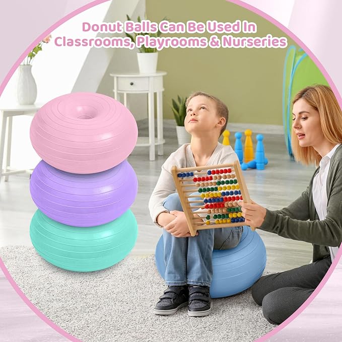 Lewtemi 8 Pcs Flexible Seating for Classroom Elementary 20'' Yoga Ball Chair Large Inflatable Donut Exercise Ball Chair Wobble Seat with Inflator for Kids Student Balance