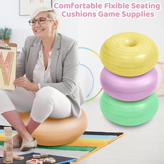 Lewtemi 8 Pcs Flexible Seating for Classroom Elementary 20'' Yoga Ball Chair Large Inflatable Donut Exercise Ball Chair Wobble Seat with Inflator for Kids Student Balance