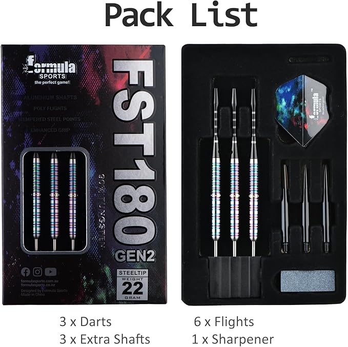 Formula Sports 90% Tungsten Steel Tip Darts Set - Professional Darts Metal Tip Set Available in 21g/22g/23g/24g, with Aluminum Shafts, Tungsten Barrels, Extra Flights, Sharpener, Carrying Case