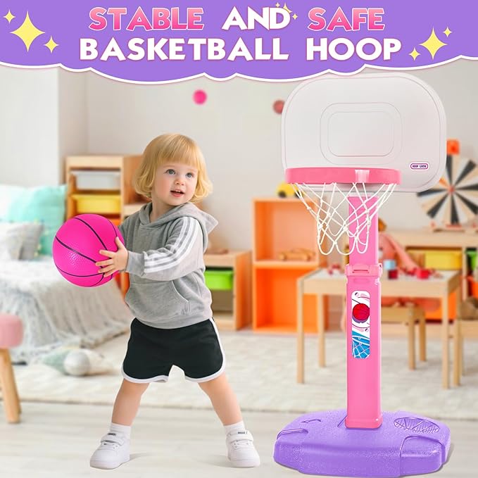 AOKESI Toddler Pink Basketball Hoop Indoor Outdoor Age 1-3, Adjustable Kids Mini Basketball Hoop Outside, Girls Basketball Goal Sport Toys for 1 2 3 4 5 Year Old Baby Girl Birthday Gifts