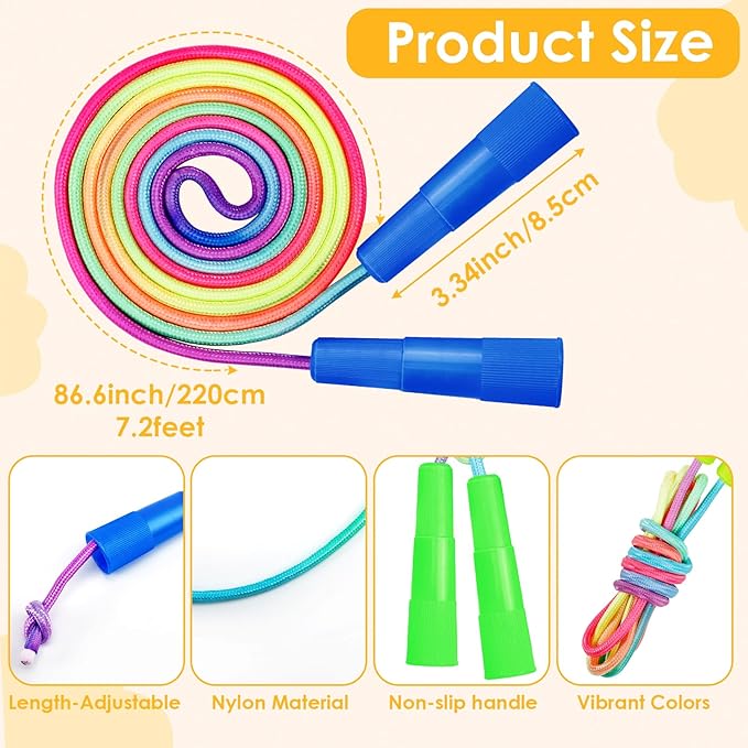 10 Pcs Jump Rope for Kids, 7.2Ft Adjustable Jumping Ropes, Skipping Ropes with Plastic Handles, Rainbow Jump Rope for Boys Girls Outdoor Fun Activity Party Favors