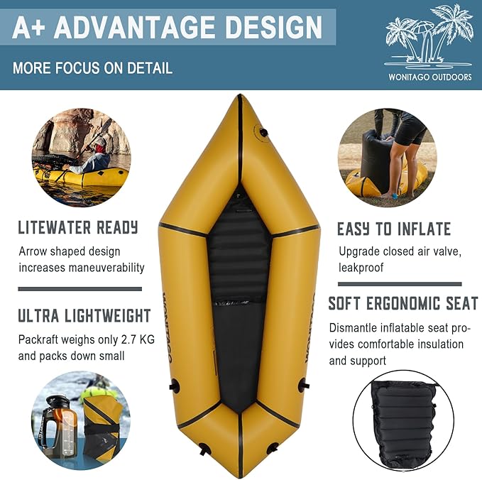 Packraft TPU Inflatable Travel Kayak with Soft Seat Lightweight Packrafts for Flat Water Rafting/Bicycle Drifting/Litewater Dinghy, 1 Person
