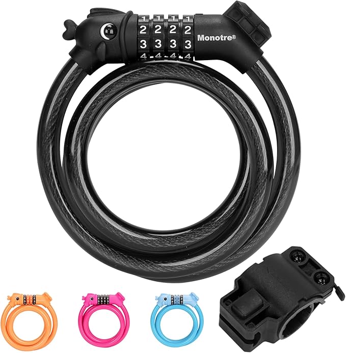 Bike Lock, 3.9 Feet 4-Digit Resettable Combination Password Anti-Theft Cable Lock, Cute Coiled Bike Lock with Mounting Bracket, Suitable for Bicycles, Electric Scooters, Ebikes (Black-12mm)
