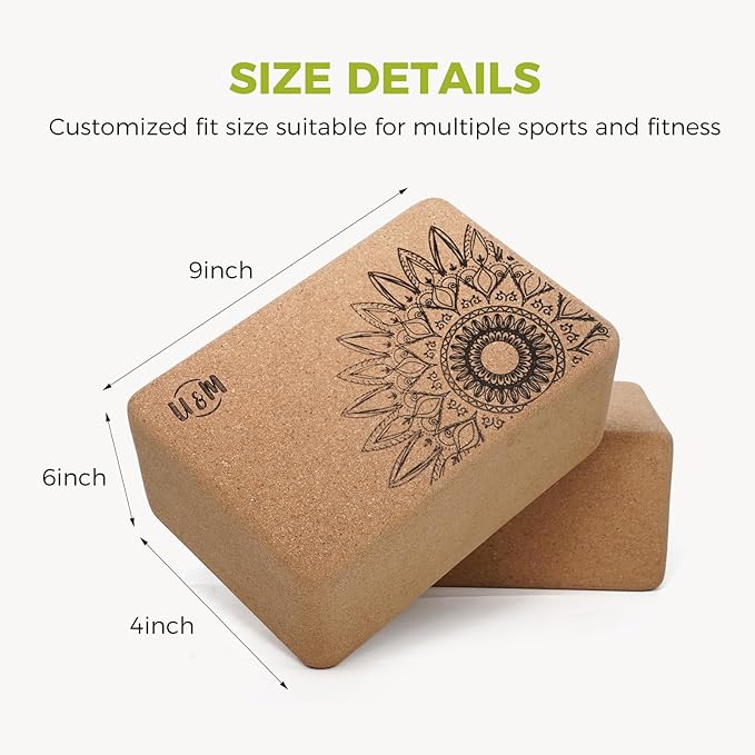 U&M Cork Yoga Blocks 2 Pack Set,Natural Cork High Density 9"x6"x4" Yoga Blocks Odor-Resistant Non-Slip for Yoga, General Fitness, Pilates, Stretching and Toning