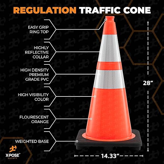 Xpose Safety 28 Inch Orange Traffic Cones with 6" & 4" Collars, 24-Pack - Multipurpose PVC Plastic Safety Cone for Parking, Soccer, Caution, Kids and Construction - DOT Approved