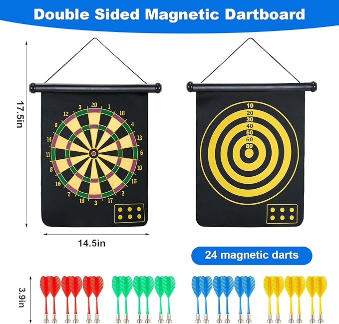 Magnetic Dart Board with 24pcs Darts,Indoor Outdoor Dart Game for Kids and Adults，2in1 Rollup Safe Dart Flights Toys Set for 3-12 Year Old Boys Girls Christmas Birthday Gifts