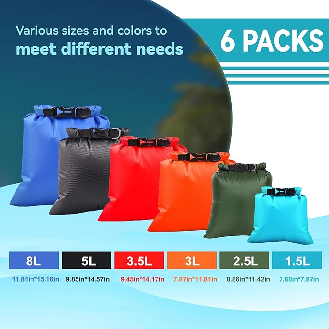 6PCS Dry Bags Waterproof, Lightweight Dry Bags for Kayaking Waterproof，Outdoor Waterproof Bag for Kayaking Hiking Boating Camping