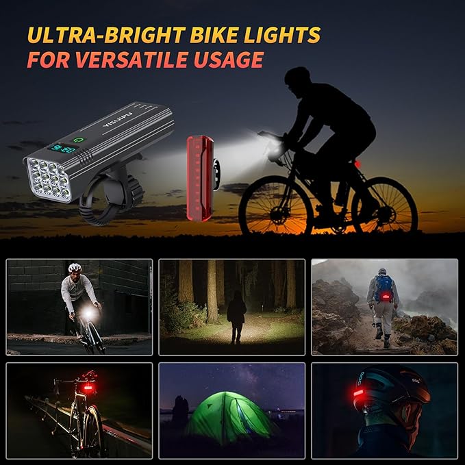 Ultra-Bright 12 LED Bike Lights for Night Riding - 10000mAh Bike Lights Rechargeable, 5+5 Modes Bike Headlight and Tail Light Set Runtime 36+ Hrs, for Road and Mountain Biking